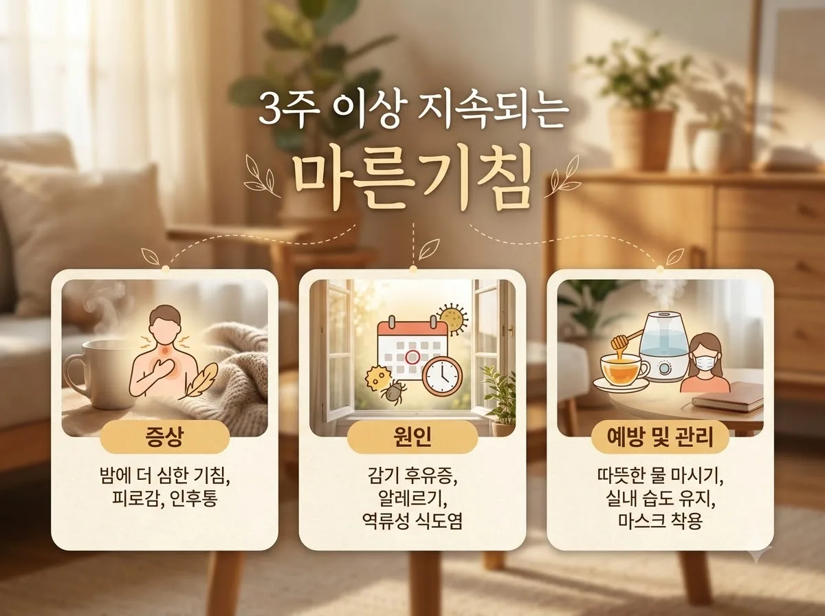 3주째 안 낫는 마른기침, 감기약으로 안 잡히는 4가지 원인 핵심을 요약한 대표 썸네일 이미지