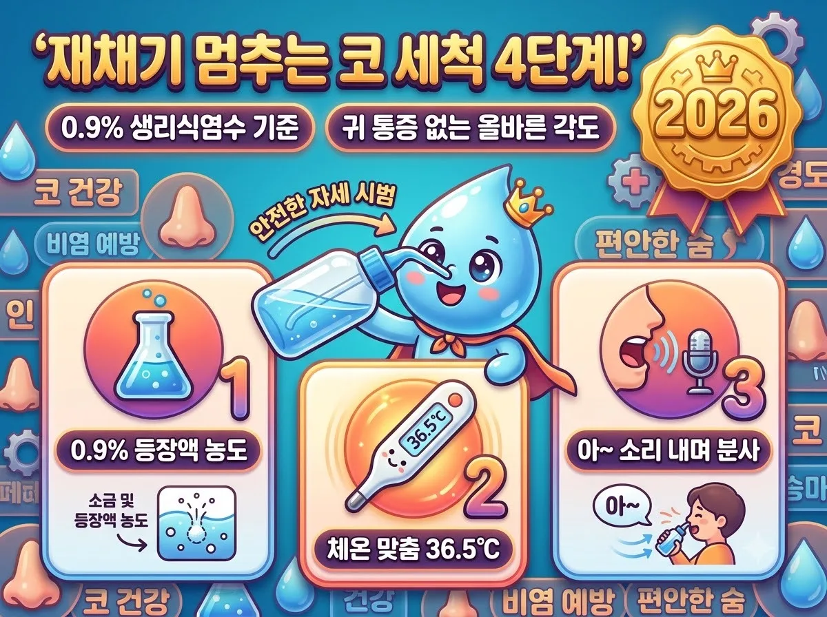 가을 환절기 알레르기 비염과 재채기를 완화하기 위해 0.9% 생리식염수를 이용한 안전한 코 세척 4단계 방법과 핵심 관리 수칙을 정리한 인포그래픽 포스터.