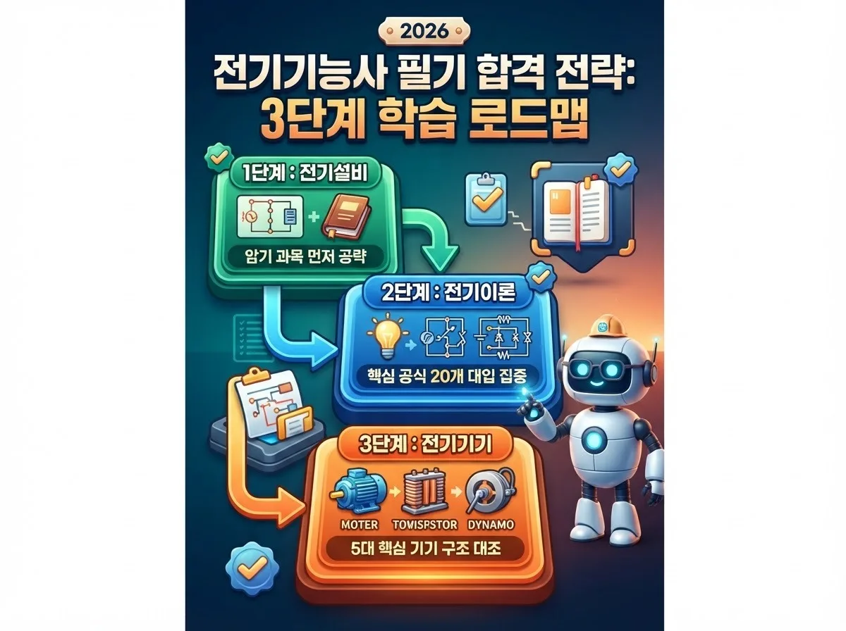 전기설비부터 전기이론과 전기기기로 이어지는 비전공자 전용 전기기능사 필기 3단계 공부 순서 인포그래픽