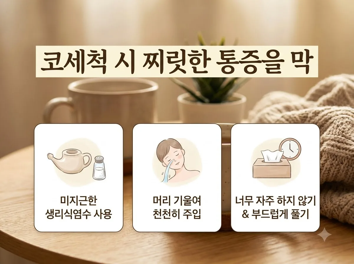 비염 코세척 통증 줄이는 식염수 온도와 올바른 방법 핵심을 요약한 대표 썸네일 이미지