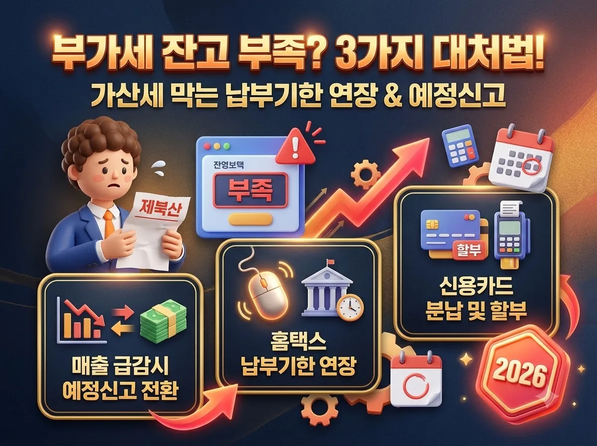 부가가치세 예정고지 잔고 부족 시 가산세를 방지하는 예정신고 전환, 홈택스 납부기한 연장, 카드 분납 3가지 대처법 인포그래픽