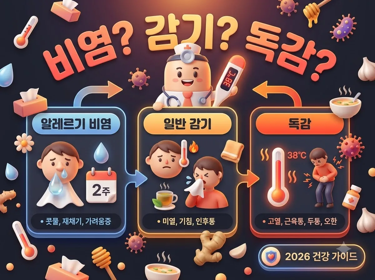 알레르기 비염, 일반 감기, 독감의 발열과 증상 차이를 한눈에 비교 분석한 2026 환절기 건강 인포그래픽 썸네일입니다.