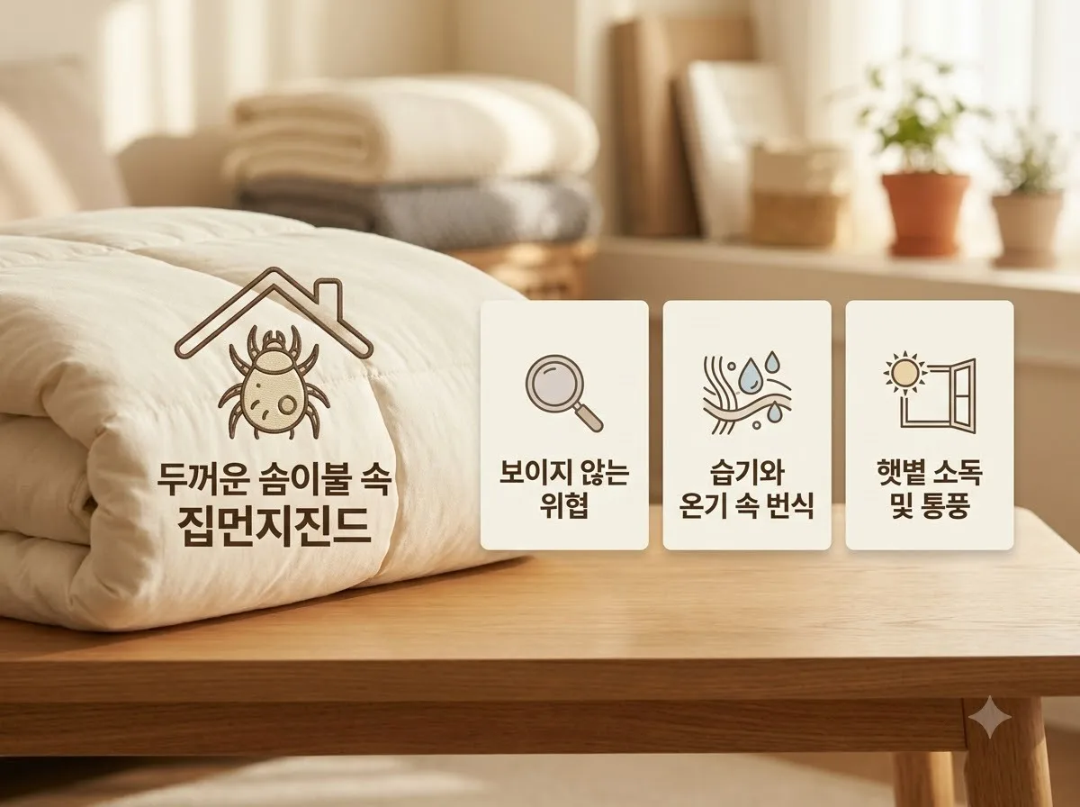집먼지진드기 퇴치 팁 3가지와 솜이불 관리법 핵심을 요약한 대표 썸네일 이미지