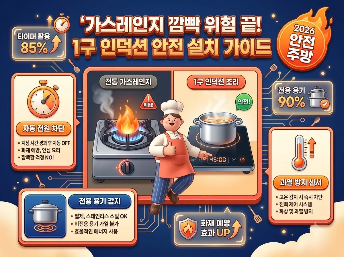 가스레인지 과열 사고를 예방하는 안전타이머 1구 인덕션의 주요 기능과 올바른 설치 기준 및 안전 점검 주의점을 정리한 인포그래픽 이미지입니다.