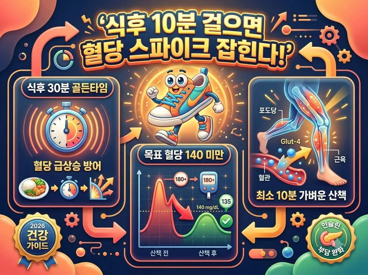 식후 10분 걷기로 혈당 스파이크를 예방하고 인슐린 부담을 줄이는 골든타임 관리법 인포그래픽