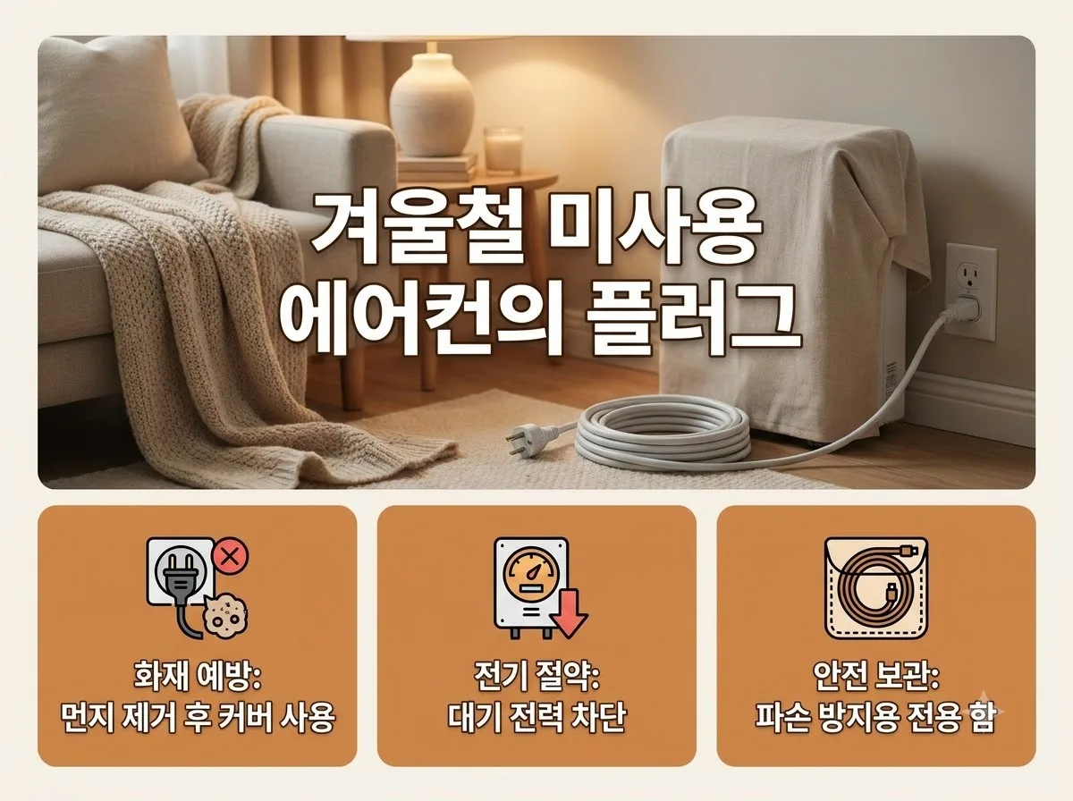 겨울철 에어컨 대기전력 차단, 플러그 분리 절전 효과 핵심을 요약한 대표 썸네일 이미지
