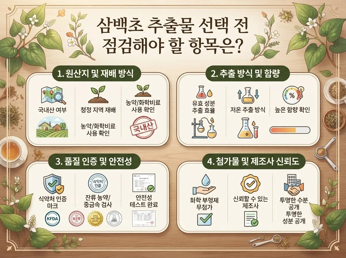 삼백초 추출물 선택 전 점검해야 할 항목은? 핵심 내용을 한글 라벨로 정리한 정보성 이미지