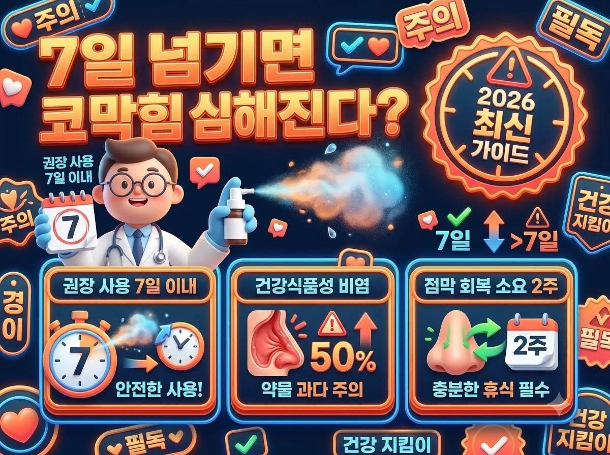 비염 스프레이 1주일 이상 연속 사용 시 부작용과 권장 사용 기간을 설명하는 인포그래픽