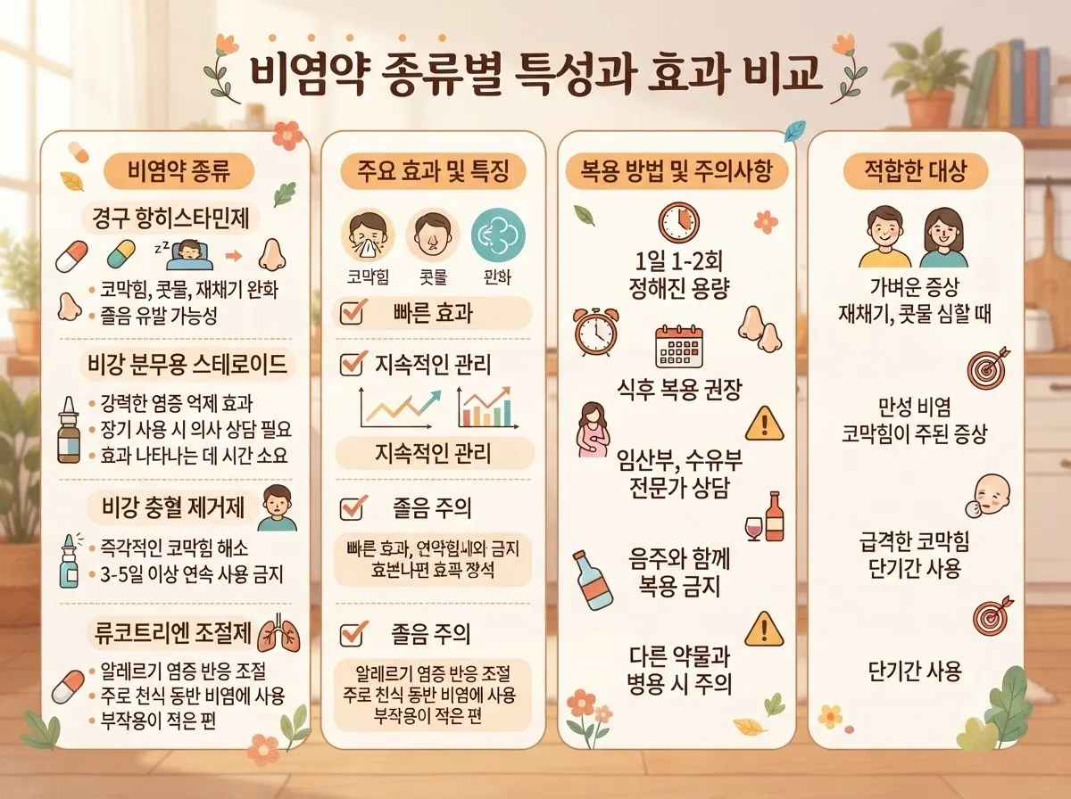 비염약 종류별 특성과 효과 비교 핵심 내용을 한글 라벨로 정리한 정보성 이미지