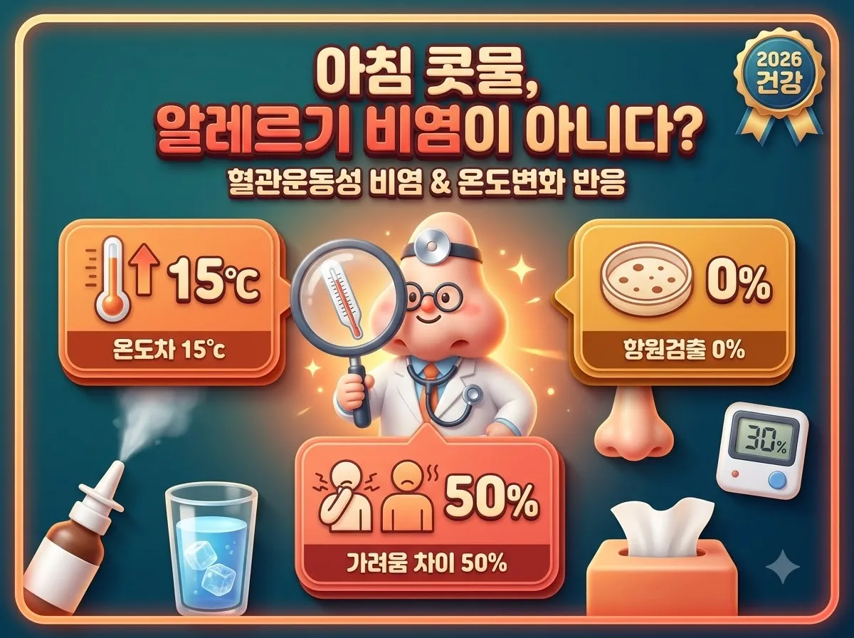 아침 맑은 콧물과 재채기의 원인인 혈관운동성 비염과 알레르기 비염의 차이를 정리한 2026 건강 인포그래픽 썸네일