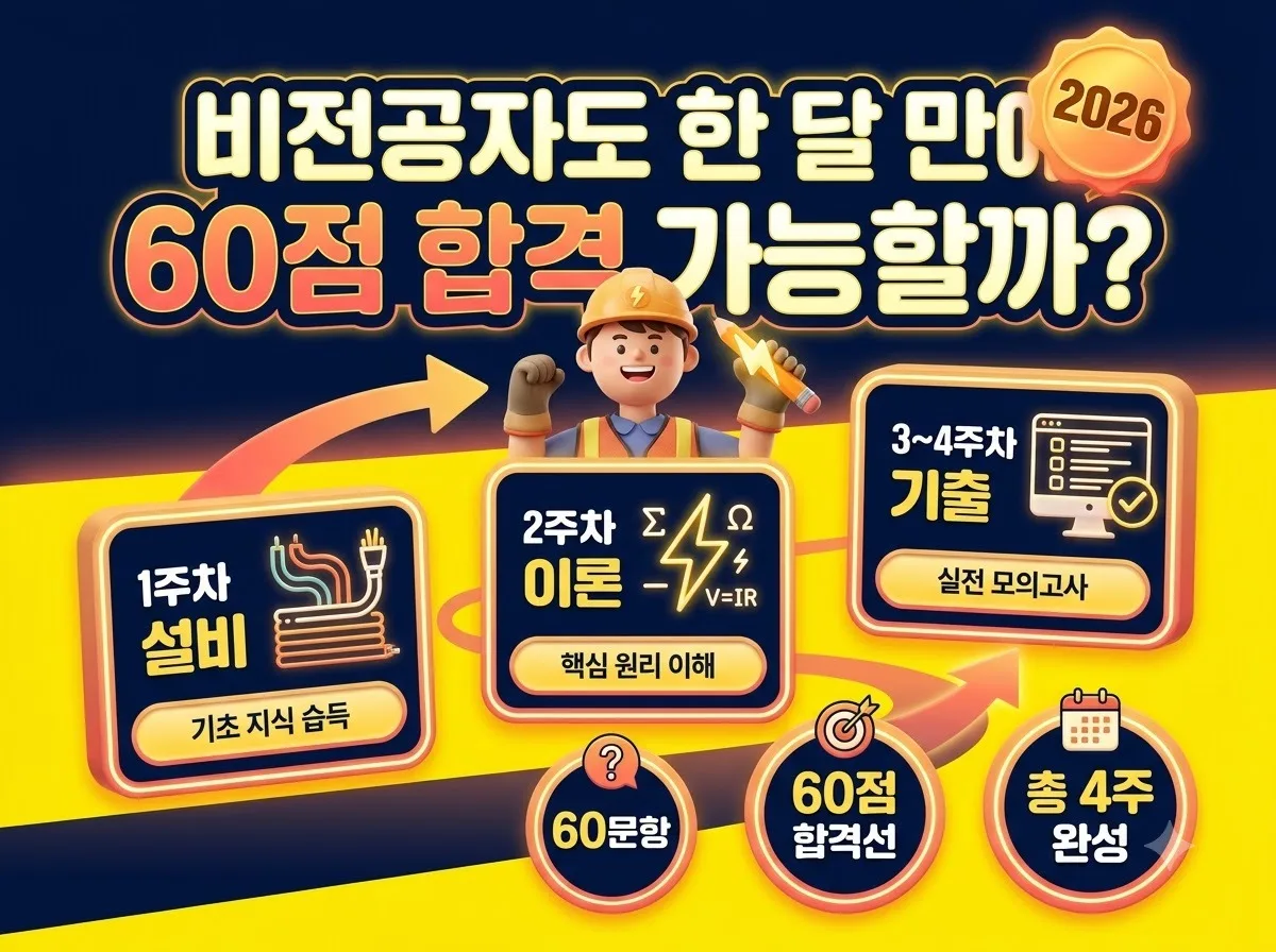 전기기능사 비전공자 수험생을 위한 한 달 4주 학습 순서와 과목별 합격 기준 60점 달성 전략을 담은 썸네일 포스터