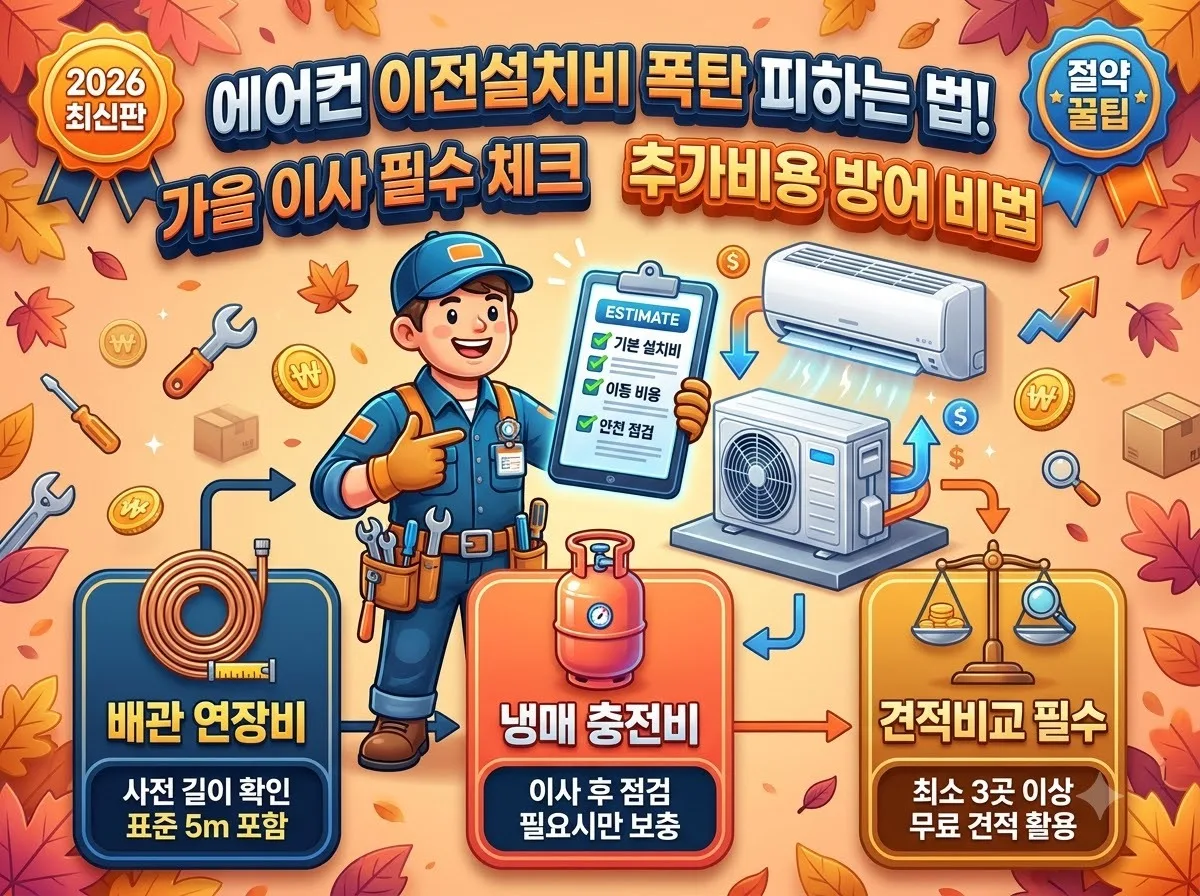 가을 이사철 에어컨 이전설치 시 배관 연장과 냉매 충전 등 추가 비용을 방지하고 견적을 비교해 비용을 줄이는 인포그래픽 가이드.