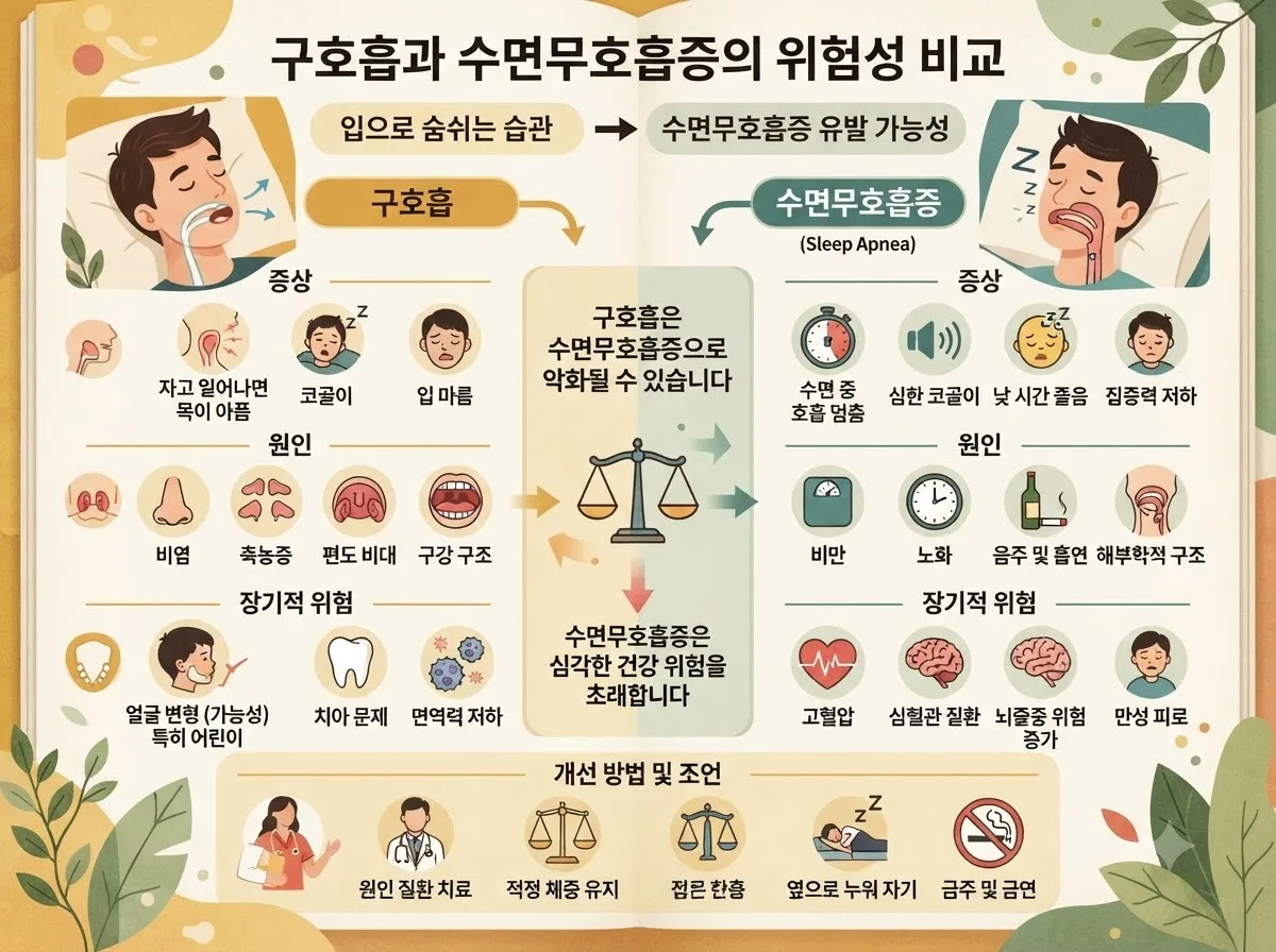 구호흡과 수면무호흡증의 위험성 비교 핵심 내용을 한글 라벨로 정리한 정보성 이미지