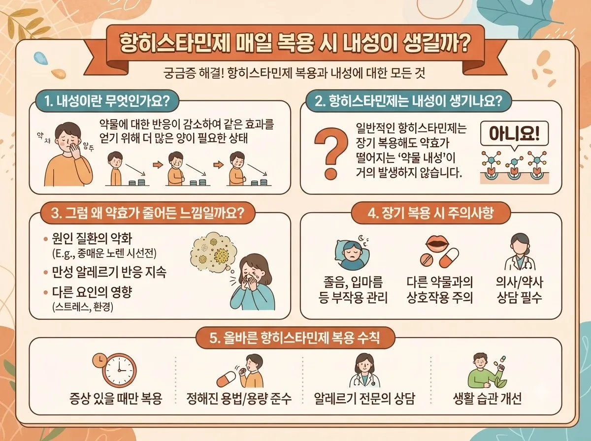 항히스타민제 매일 복용 시 내성이 생길까? 핵심 내용을 한글 라벨로 정리한 정보성 이미지