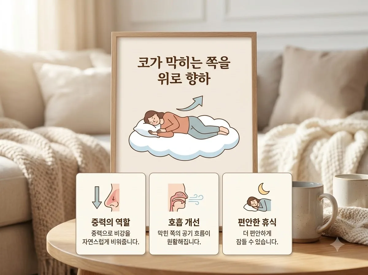한쪽 코 막힘 해결하는 옆으로 누워 자는 수면 자세 핵심을 요약한 대표 썸네일 이미지