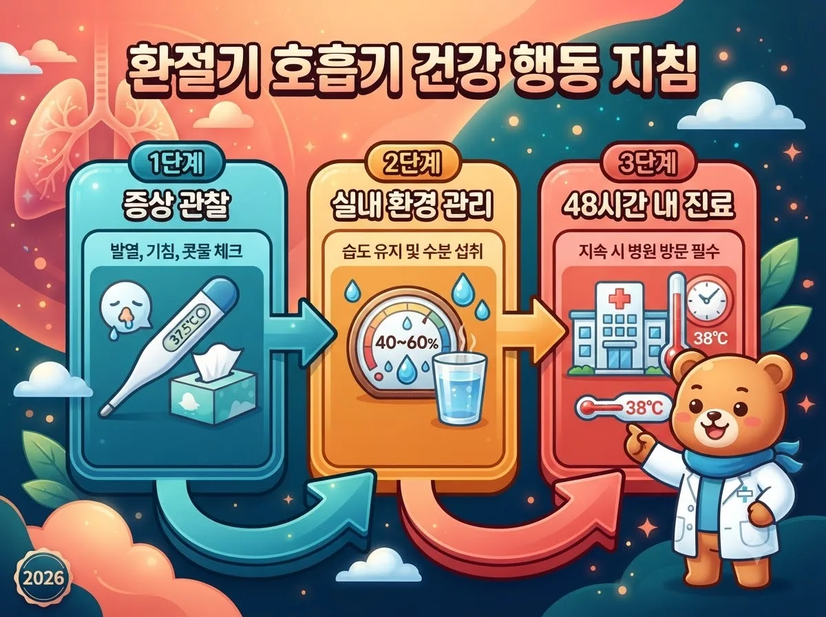 호흡기 증상 발생 시 체온 관찰부터 실내 습도 관리, 48시간 이내 의료기관 방문까지의 3단계 대처 과정을 안내하는 시각화 이미지입니다.