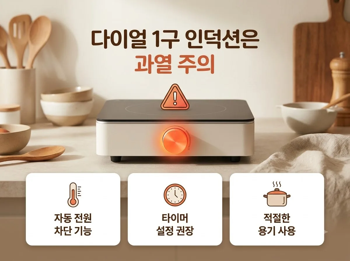 1구 인덕션 다이얼 조작으로 냄비 안 태우는 안전 기능 3가지 핵심을 요약한 대표 썸네일 이미지