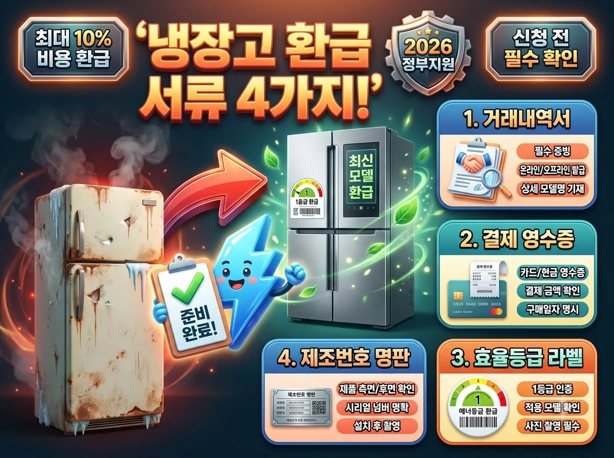 2026년 고효율 냉장고 교체 시 10퍼센트 환급을 받기 위해 준비해야 하는 필수 서류 4가지를 안내하는 인포그래픽 포스터