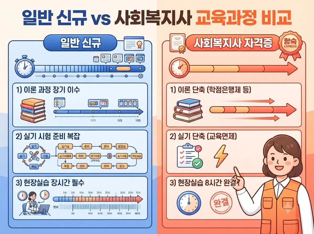 일반 신규 교육생과 사회복지사 자격 소지자의 요양보호사 이수 시간 및 실습 8시간 차이를 비교 분석한 인포그래픽