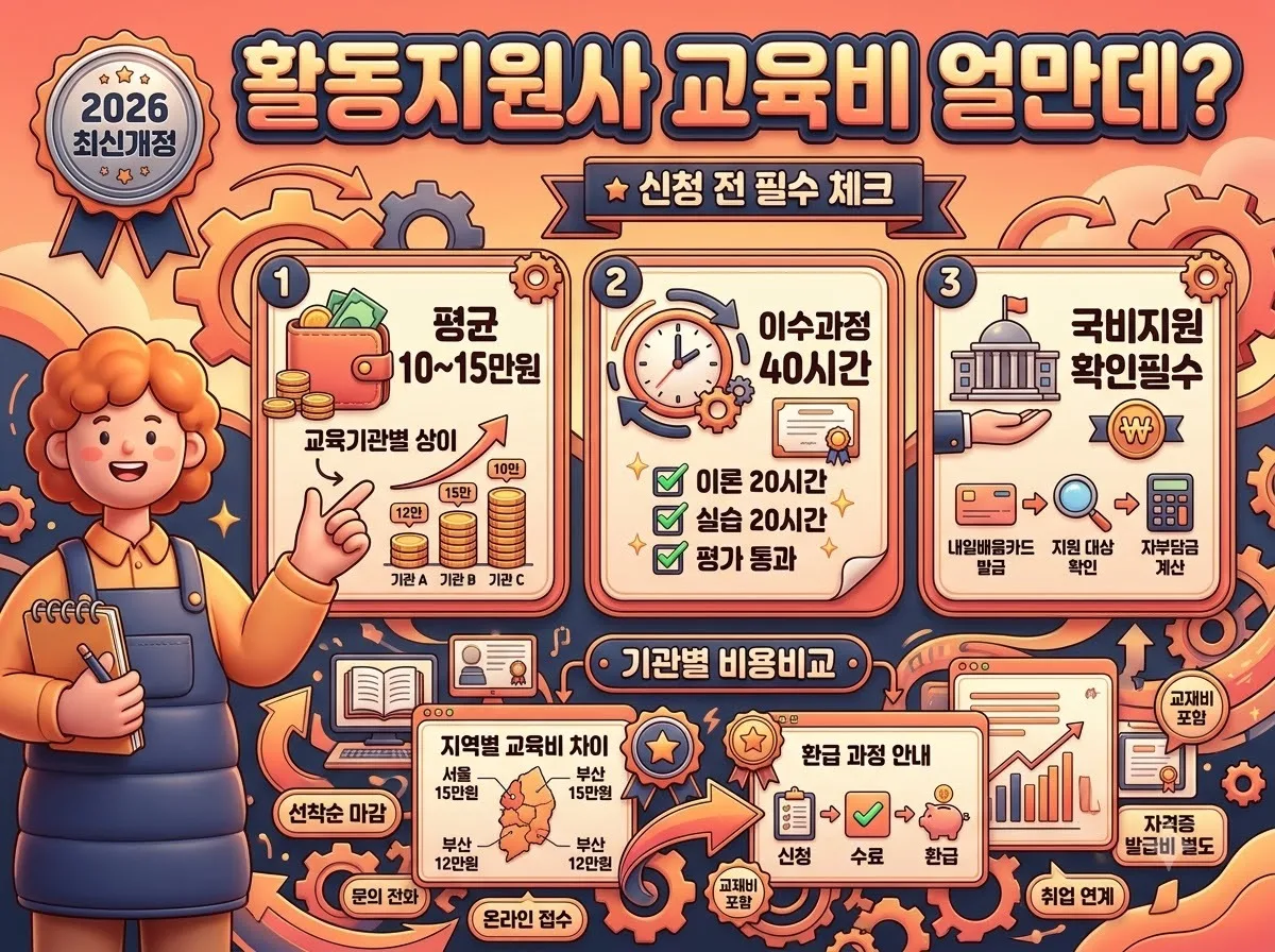 2026년 기준 활동지원사 교육비용과 수강 신청 전 필수 확인 사항 및 국비지원 혜택 안내 인포그래픽