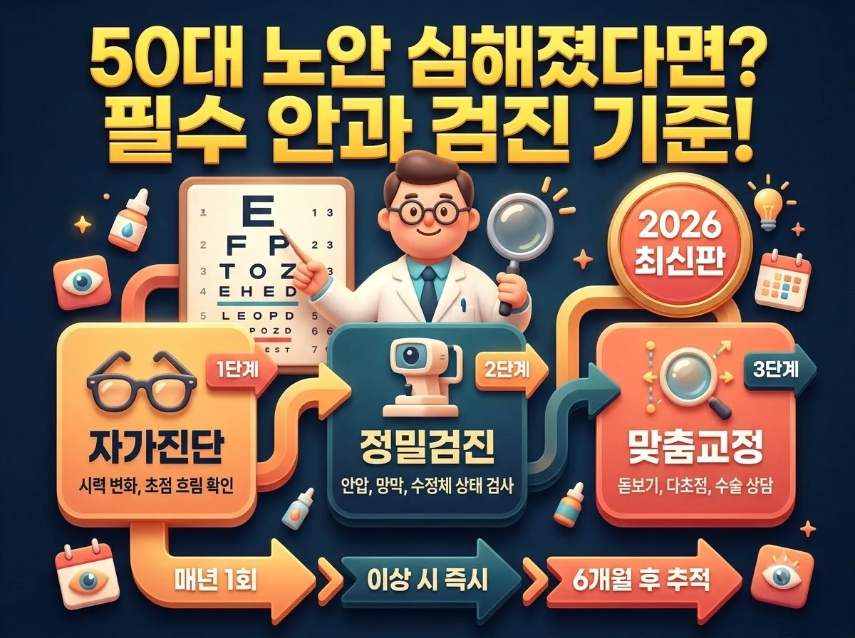 50대 노안 증상과 백내장 구분 법 및 필수 안과 정밀 검진 기준을 한눈에 확인하는 인포그래픽 가이드입니다.