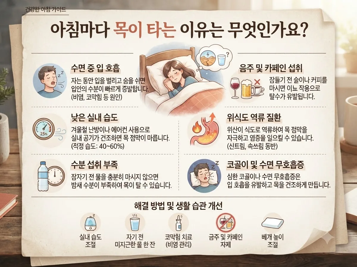 아침마다 목이 타는 이유는 무엇인가요? 핵심 내용을 한글 라벨로 정리한 정보성 이미지