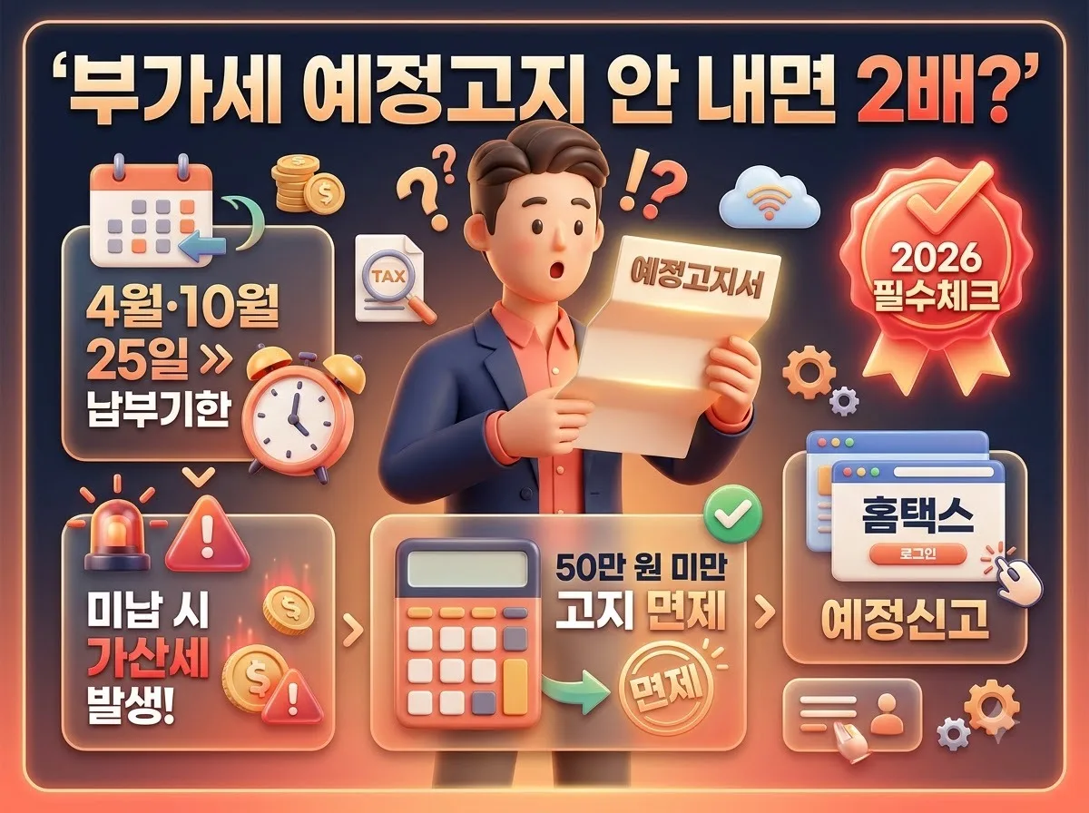 개인사업자 부가가치세 예정고지 미납 시 발생하는 가산세 및 확정신고 차이점, 예정고지 면제 기준과 대처법을 설명하는 2026 인포그래픽 썸네일