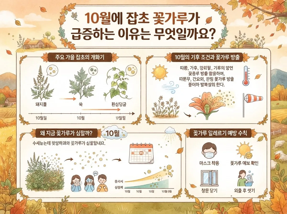 10월에 잡초 꽃가루가 급증하는 이유는 무엇일까요? 핵심 내용을 한글 라벨로 정리한 정보성 이미지