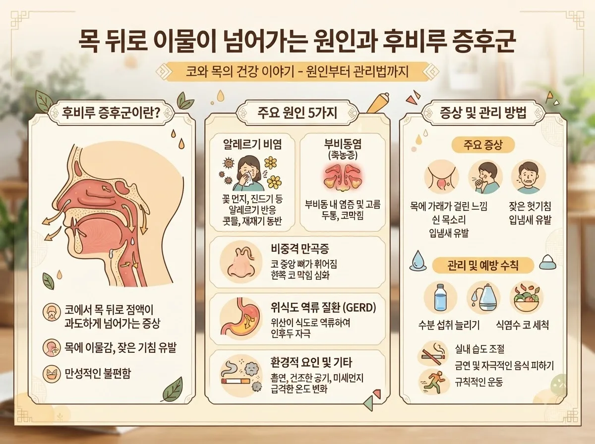 목 뒤로 이물이 넘어가는 원인과 후비루 증후군 핵심 내용을 한글 라벨로 정리한 정보성 이미지