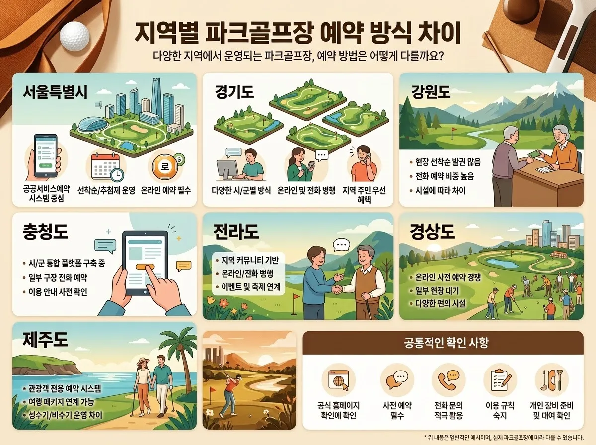 지역별 파크골프장 예약 방식 차이 핵심 내용을 한글 라벨로 정리한 정보성 이미지