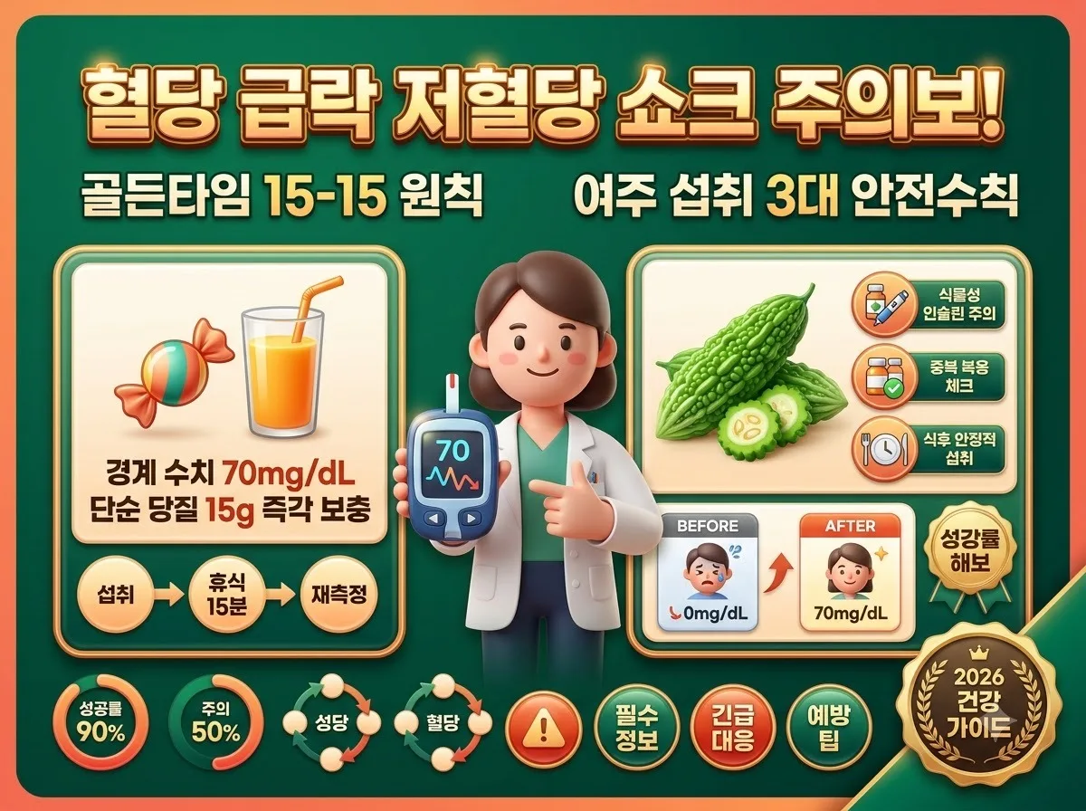 혈당 급락으로 인한 저혈당 위험 신호와 안전한 대처를 위한 15분 규칙 및 여주 섭취 시 필수 주의사항을 정리한 종합 건강 인포그래픽입니다.