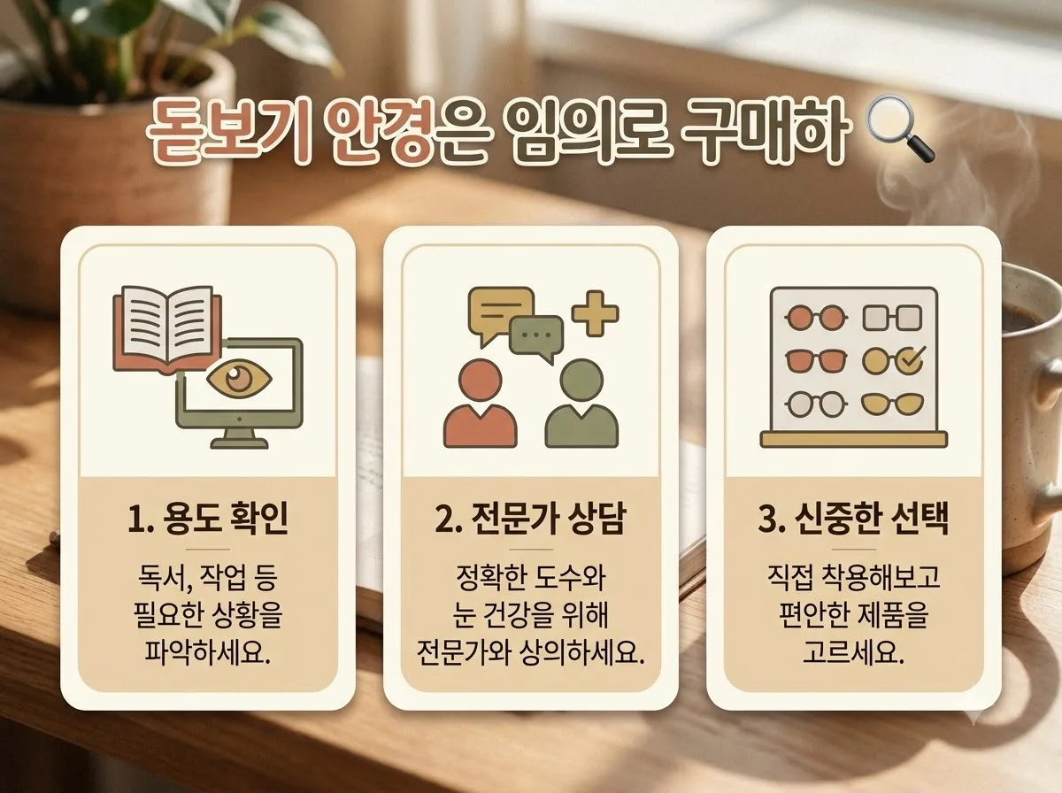 돋보기 안경 도수 선택, 50대 노안이 꼭 알아야 할 3가지 핵심을 요약한 대표 썸네일 이미지