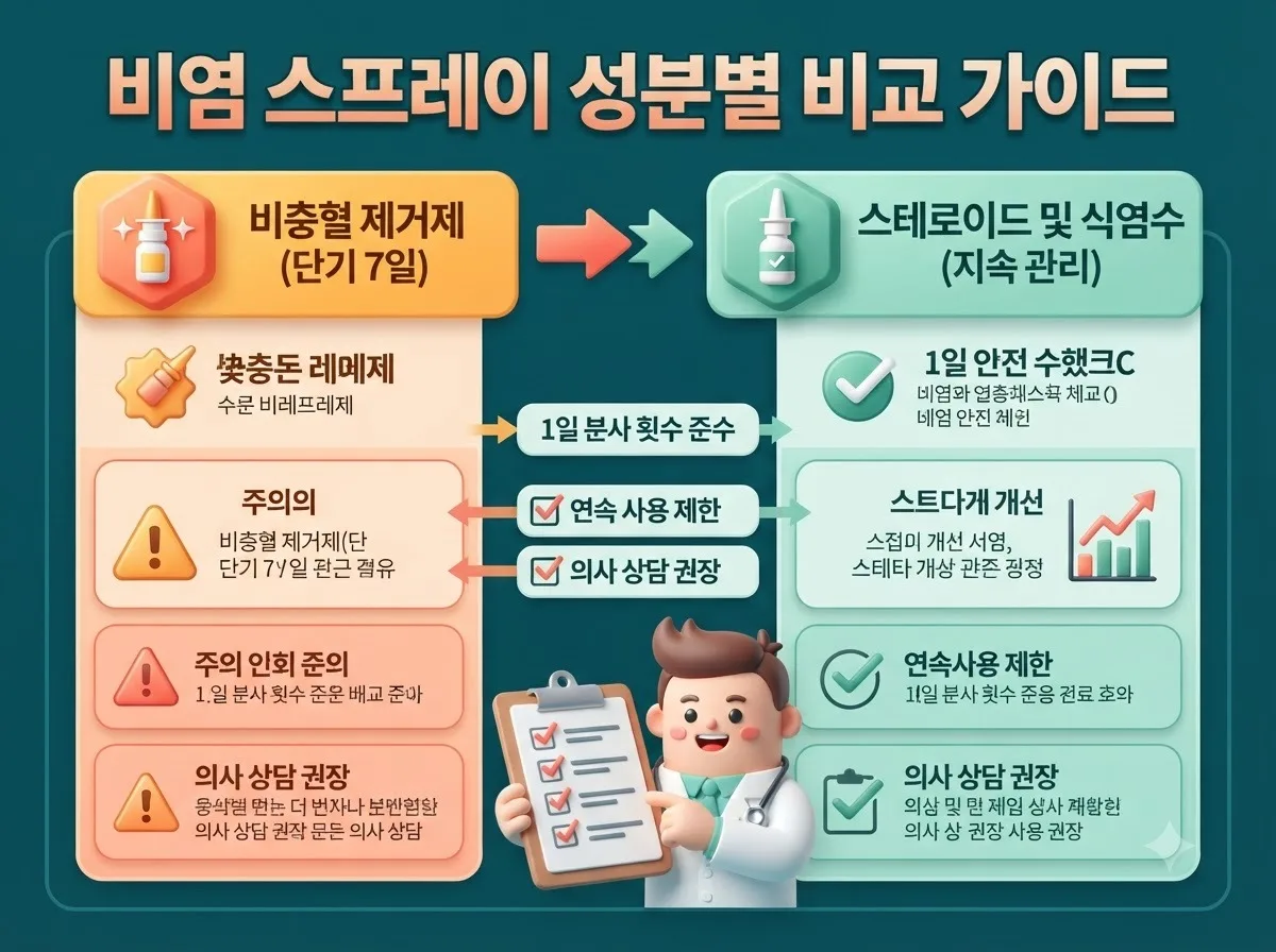비충혈 제거제와 지속 관리용 비염 스프레이의 성분별 특징과 안전한 사용 기간을 비교한 인포그래픽