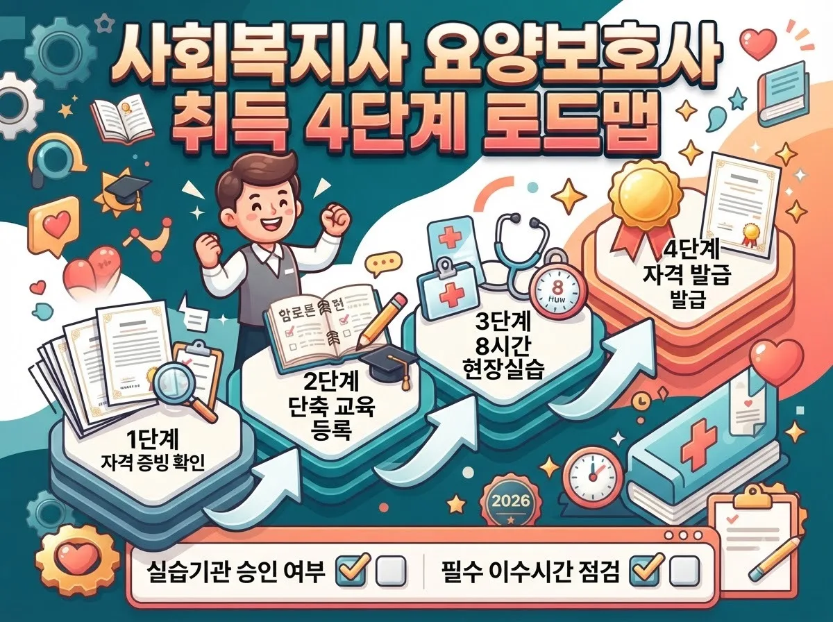 사회복지사 자격 보유자가 요양보호사 자격증을 단축 취득하기 위한 4단계 절차와 실습 체크포인트를 나타낸 로드맵