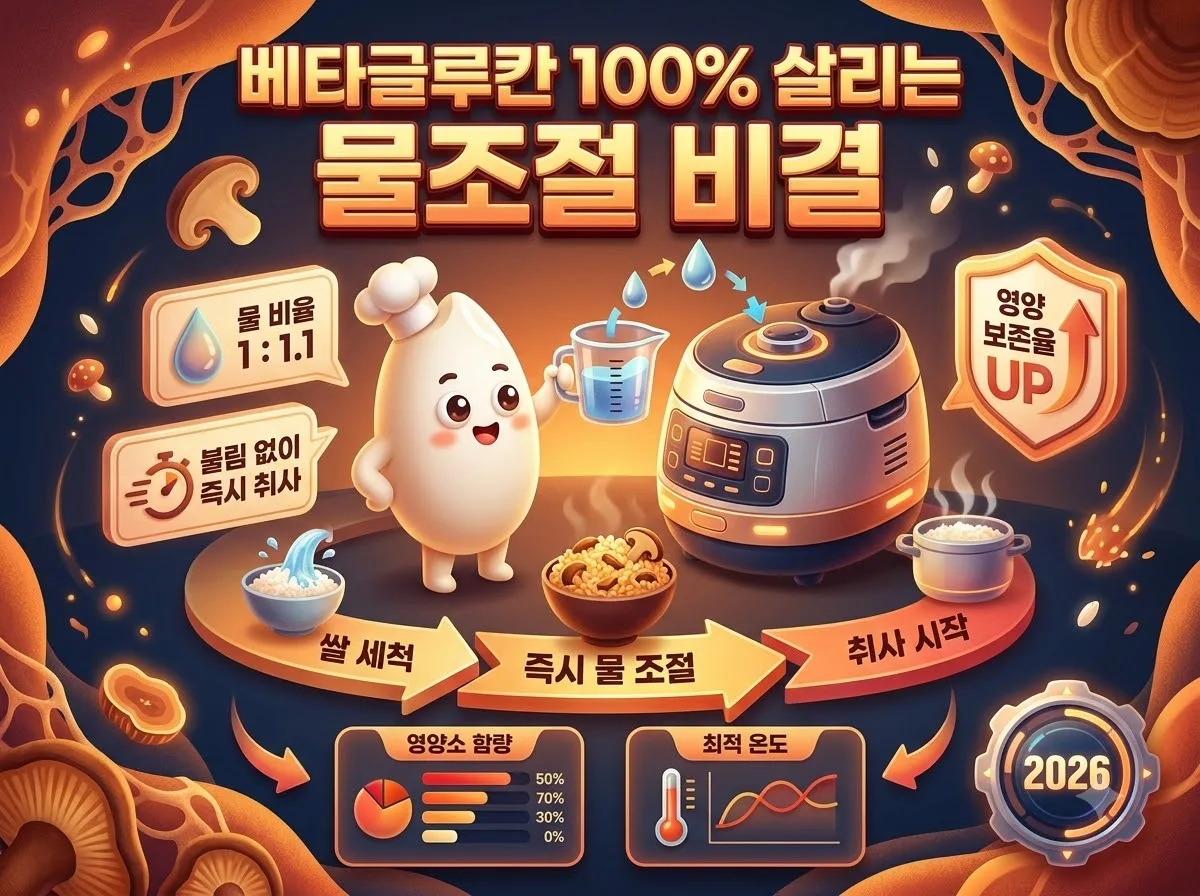상황버섯쌀의 베타글루칸 영양소를 완벽히 보존하는 밥짓기 물 조절 3가지 비결과 핵심 취사 팁을 안내하는 인포그래픽 포스터