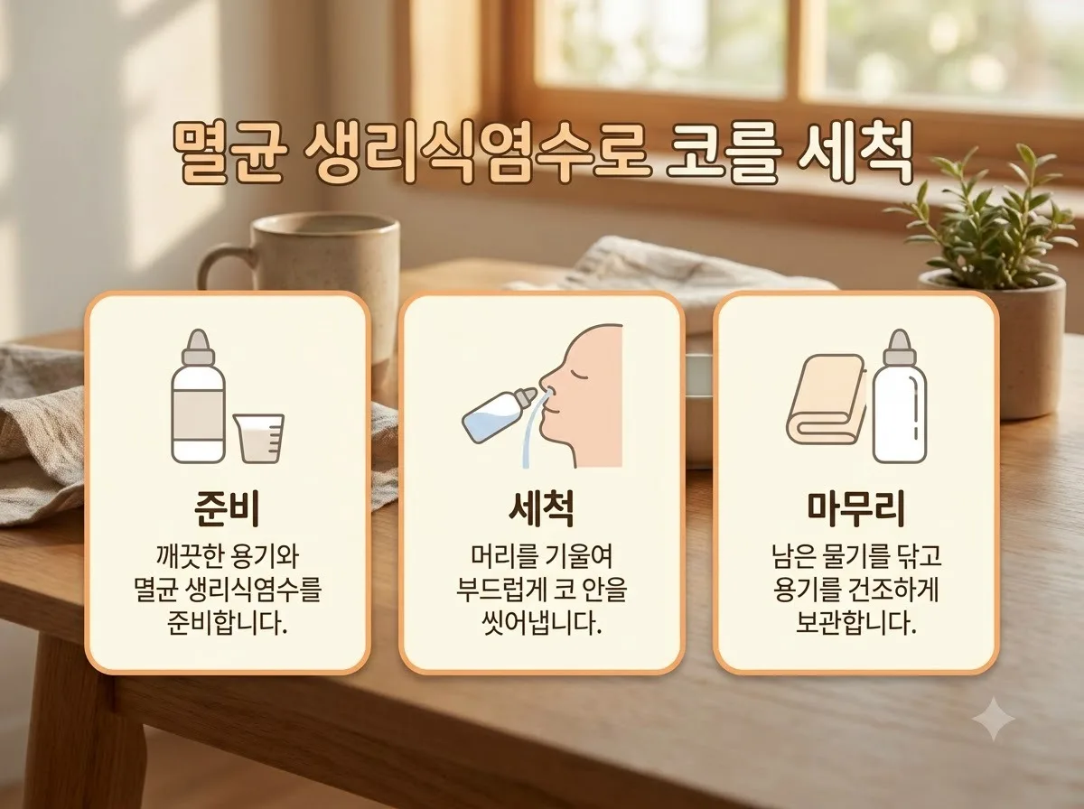 콧물 자극 없이 씻어내는 올바른 멸균 생리식염수 사용법 핵심을 요약한 대표 썸네일 이미지
