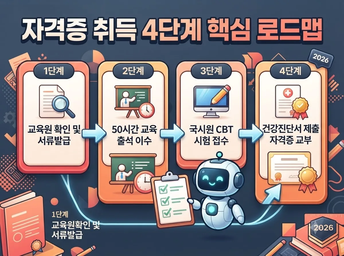 요양보호사 50시간 특례 등록부터 서류 준비와 국시원 시험 및 최종 자격증 발급까지의 4단계 취득 로드맵 안내