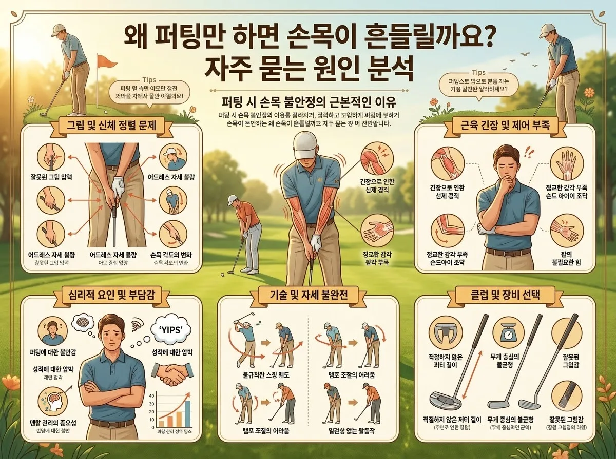 왜 퍼팅만 하면 손목이 흔들릴까요? 자주 묻는 원인 분석 핵심 내용을 한글 라벨로 정리한 정보성 이미지