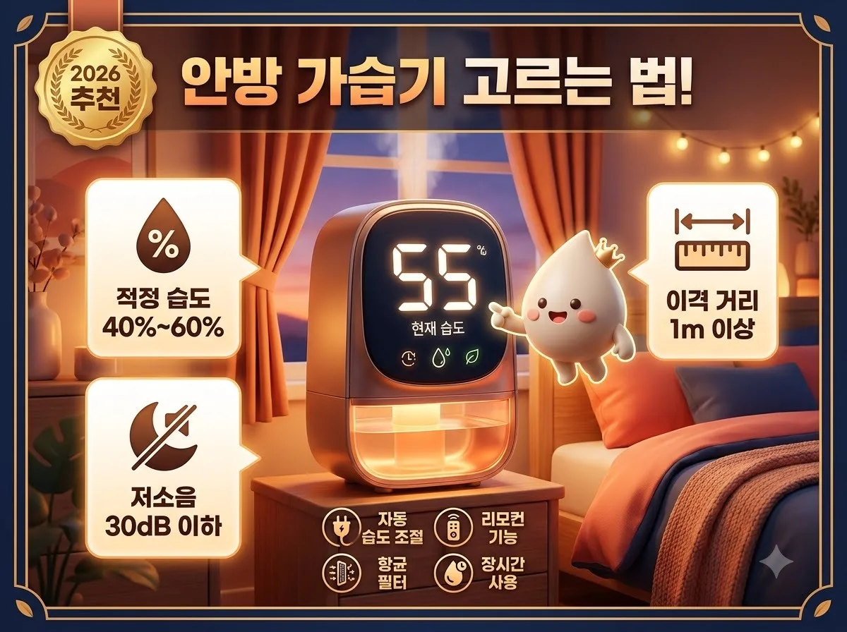 안방용 대형 디스플레이 자동 조절 가습기 선택 기준과 적정 습도 40에서 60퍼센트 및 저소음 기준을 안내하는 인포그래픽 포스터