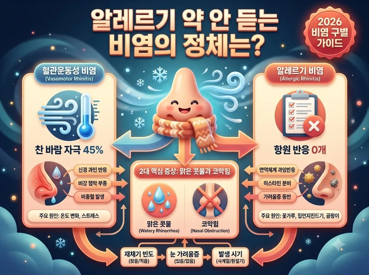 찬 바람과 온도 변화로 유발되는 혈관운동성 비염과 일반 알레르기 비염의 핵심 차이 및 구별 기준을 정리한 인포그래픽
