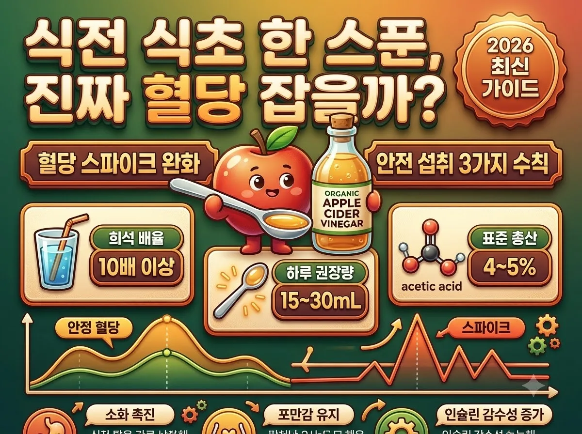 사과초모식초의 식전 섭취에 따른 혈당 관리 효과와 안전한 희석 복용법을 요약한 건강 인포그래픽 썸네일