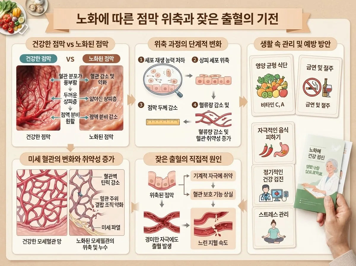노화에 따라 점막 위축과 잦은 출혈이 일어나는 기전 핵심 내용을 한글 라벨로 정리한 정보성 이미지