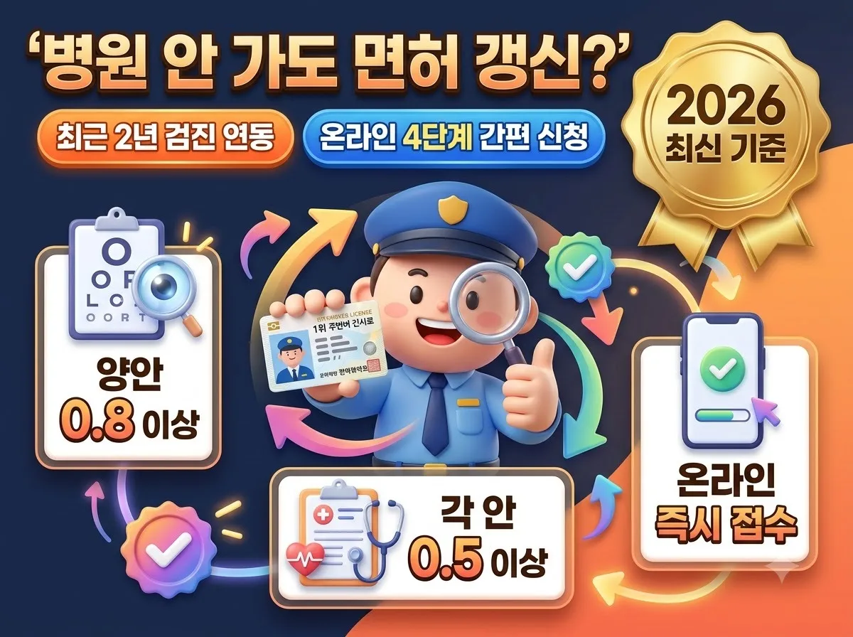 1종 보통 운전면허 적성검사 시력검사 생략 조건과 온라인 신청 자격 기준을 3D 캐릭터와 함께 정리한 인포그래픽 썸네일