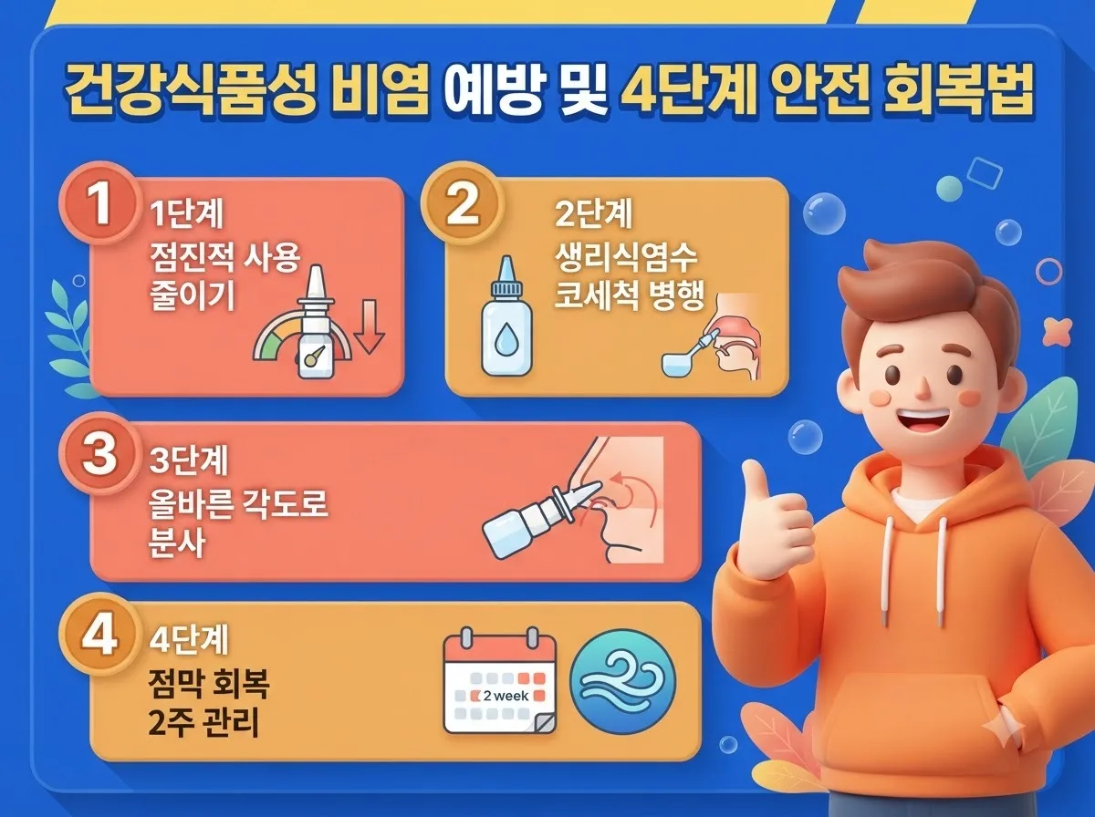 비염 스프레이 과다 사용 후 점막 회복과 올바른 코세척 4단계 관리법을 정리한 안내 포스터