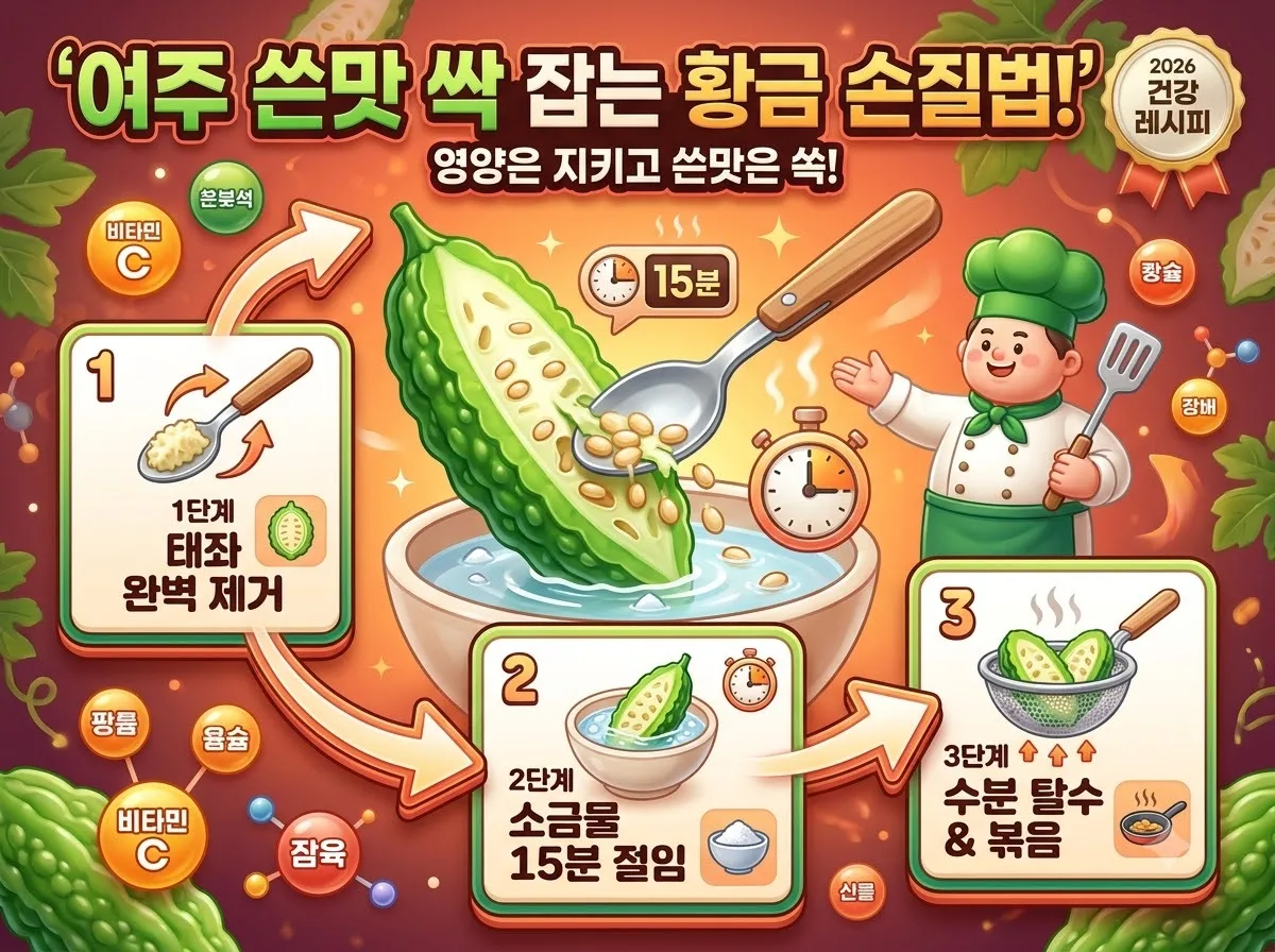여주의 쓴맛을 효과적으로 줄이는 속파기 및 소금물 절임 손질법과 건강한 요리 팁을 정리한 정보성 인포그래픽 썸네일