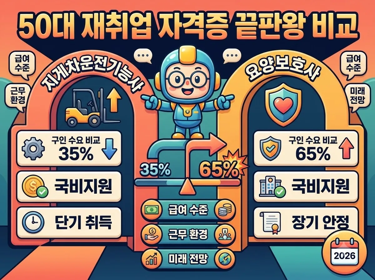 50대 재취업을 위한 지게차운전기능사와 요양보호사 자격증의 특징과 구인 수요를 비교하는 인포그래픽 썸네일 이미지