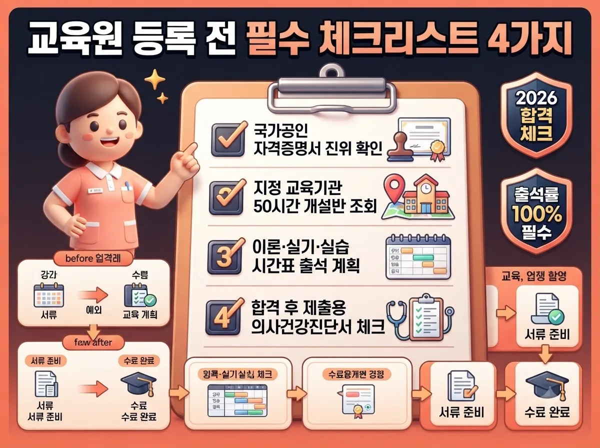 요양보호사 50시간 특례 교육 등록 전 필수로 확인해야 할 자격증명서와 시간표 및 건강진단서 사전 점검 체크리스트
