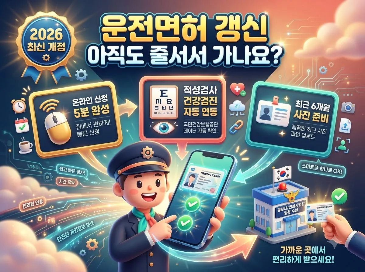 운전면허 갱신과 적성검사를 인터넷으로 5분 만에 접수하는 방법과 준비물, 수수료 정보를 한눈에 보여주는 인포그래픽 썸네일
