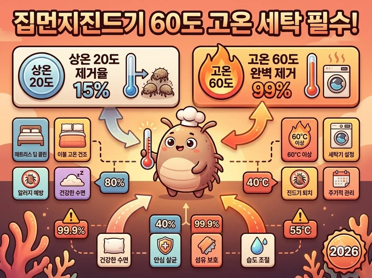 집먼지진드기 퇴치를 위해 60도 고온 세탁이 필수인 이유와 제거율 비교 정보를 담은 썸네일 이미지