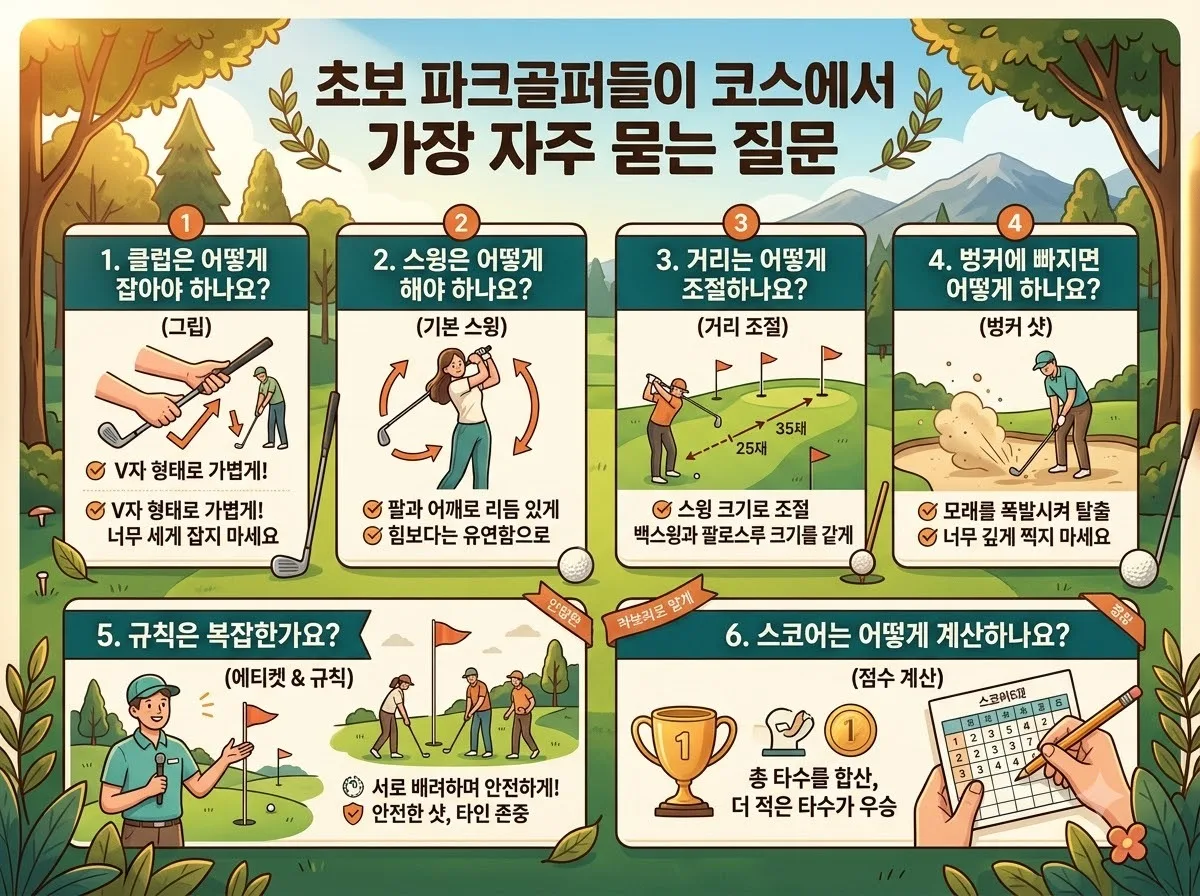 초보 파크골퍼들이 코스에서 가장 자주 묻는 질문은? 핵심 내용을 한글 라벨로 정리한 정보성 이미지